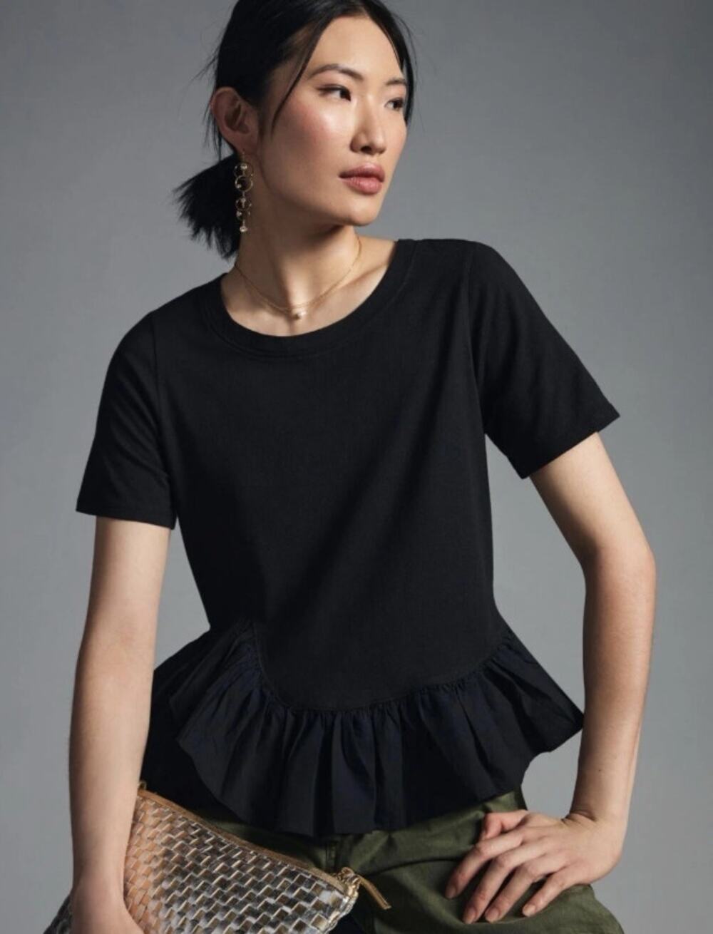 Maeve Anthropologie Black Short Sleeve Ruffle Hem Blouse Women's size XS